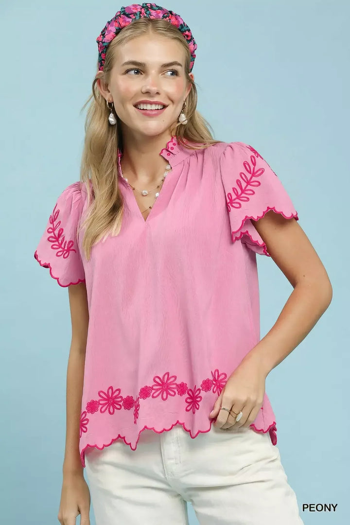 PEONY Embroidered floral scallop-hem top with flutter sleeves