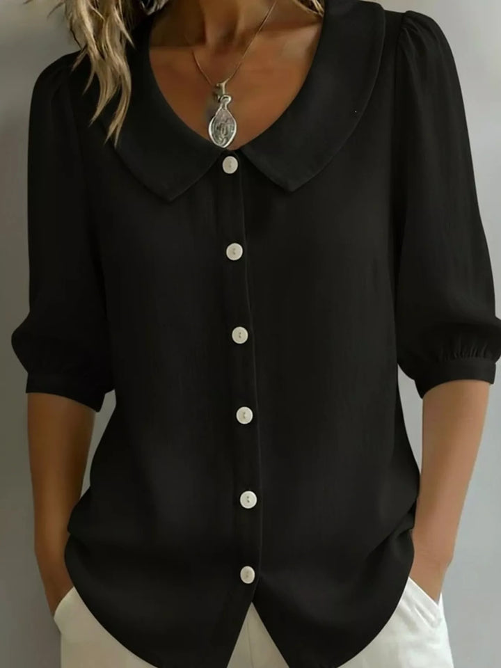Black Peter Pan collar button-down blouse with 3/4 sleeves