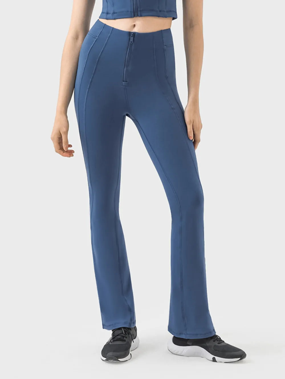 Dark Blue High-waist flare active pants with front zip detail