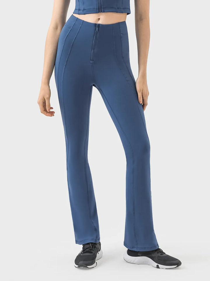 Dark Blue High-waist flare active pants with front zip detail