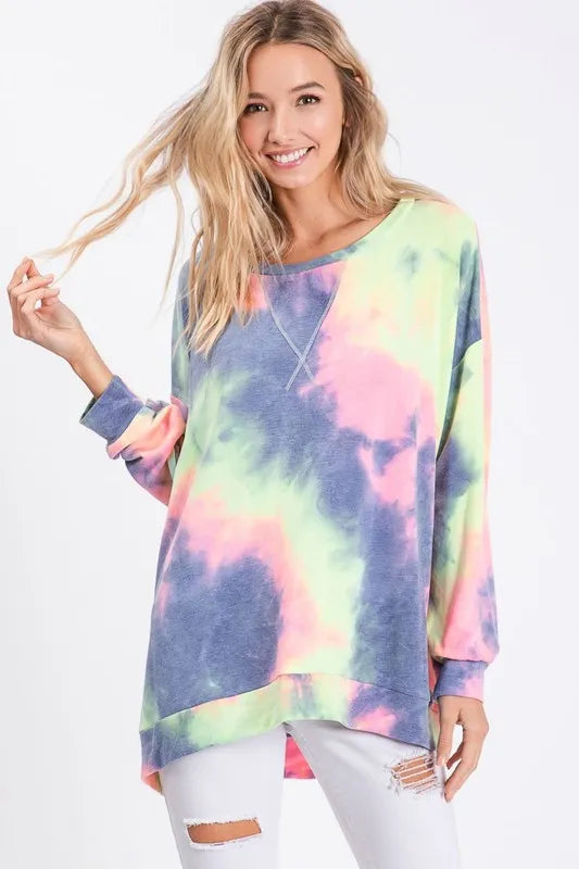 CHARCOAL MULTI Tie-dye French terry pullover top with ribbed cuffs