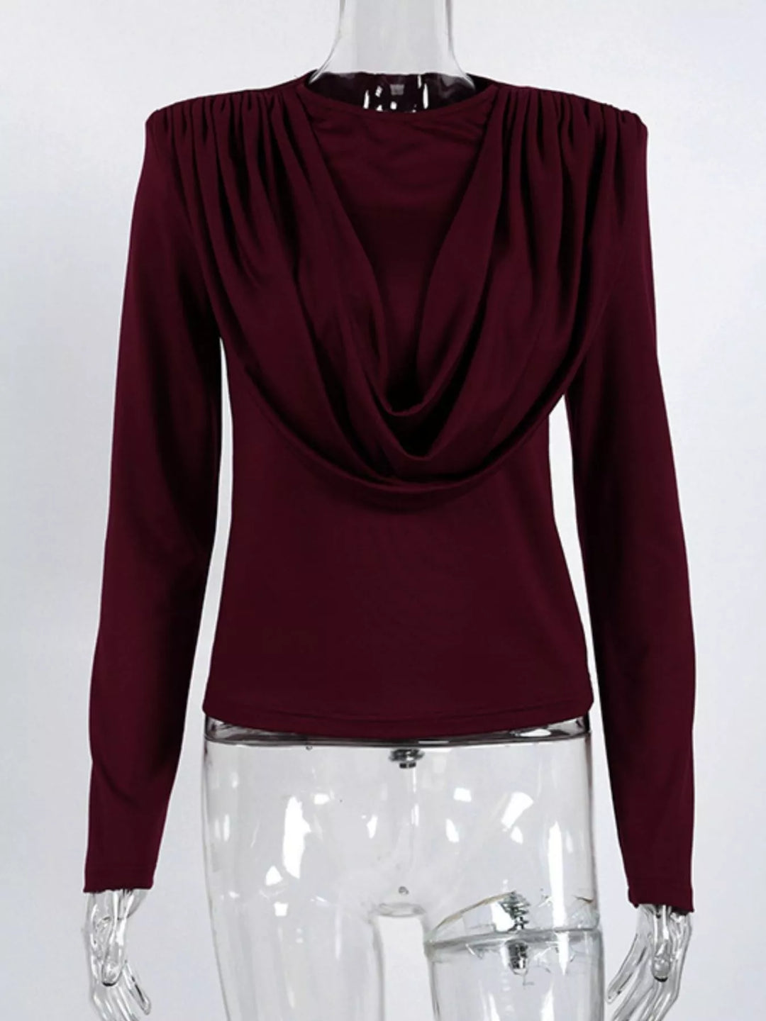 Draped cowl neck long sleeve top with ruched sides