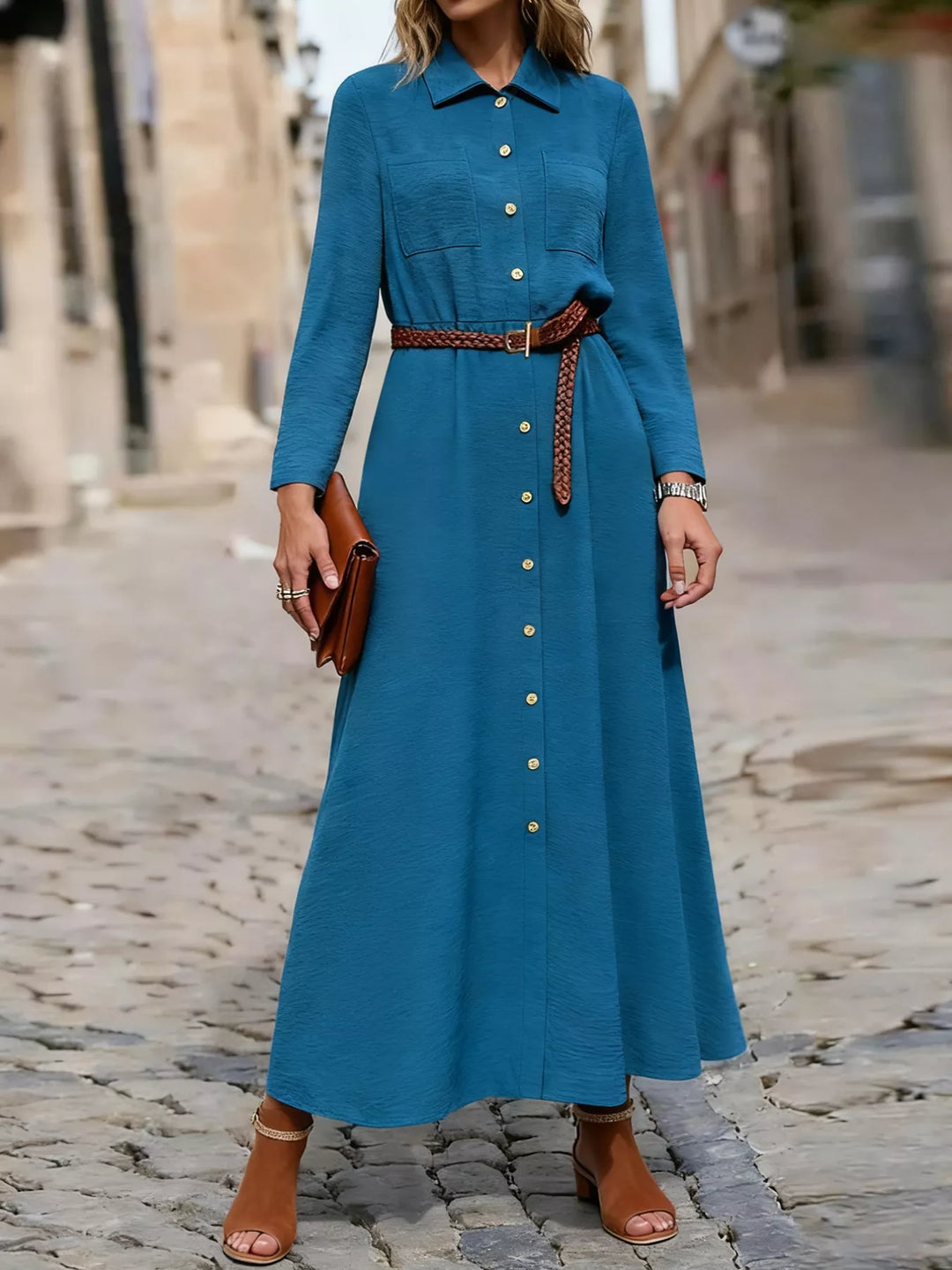 Button-down maxi shirt dress with drawstring waist