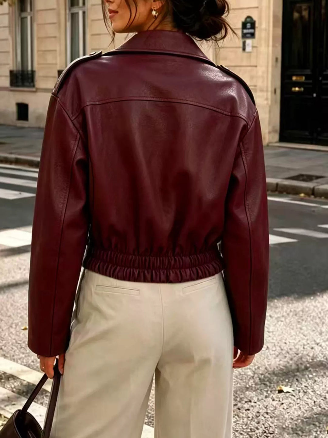 Cropped faux leather moto jacket with asymmetric zip