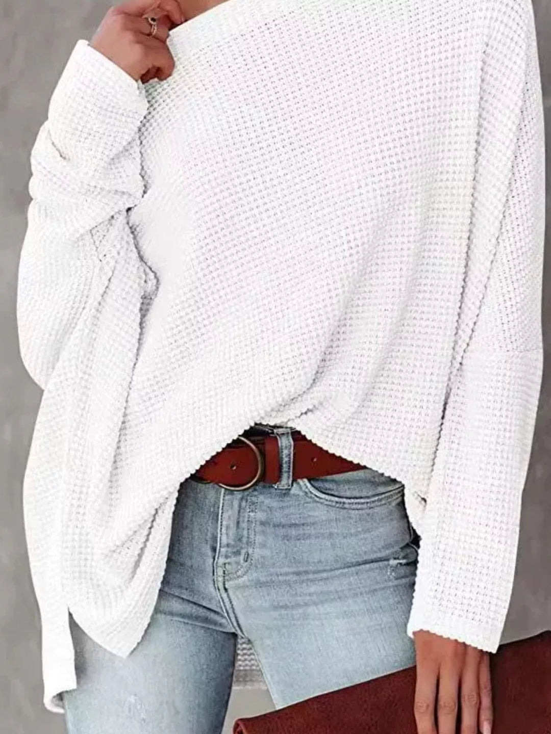 Oversized waffle knit boat neck top with dolman sleeves