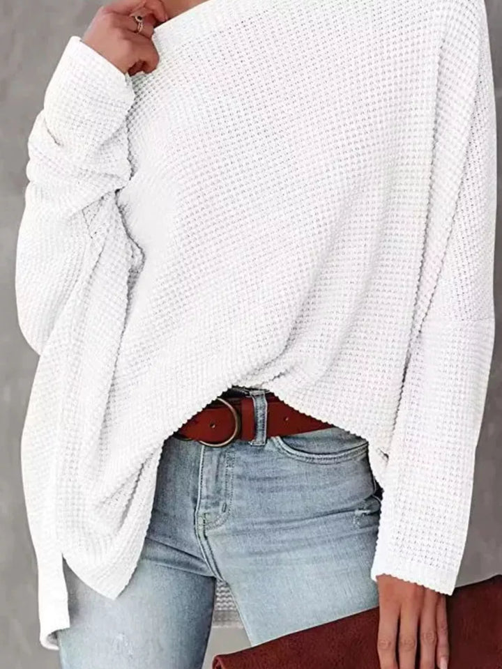 Oversized waffle knit boat neck top with dolman sleeves