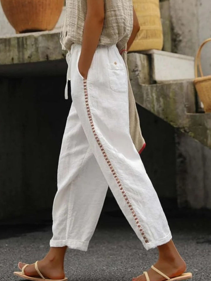 White Hollow-out trim cropped pants with drawstring waist