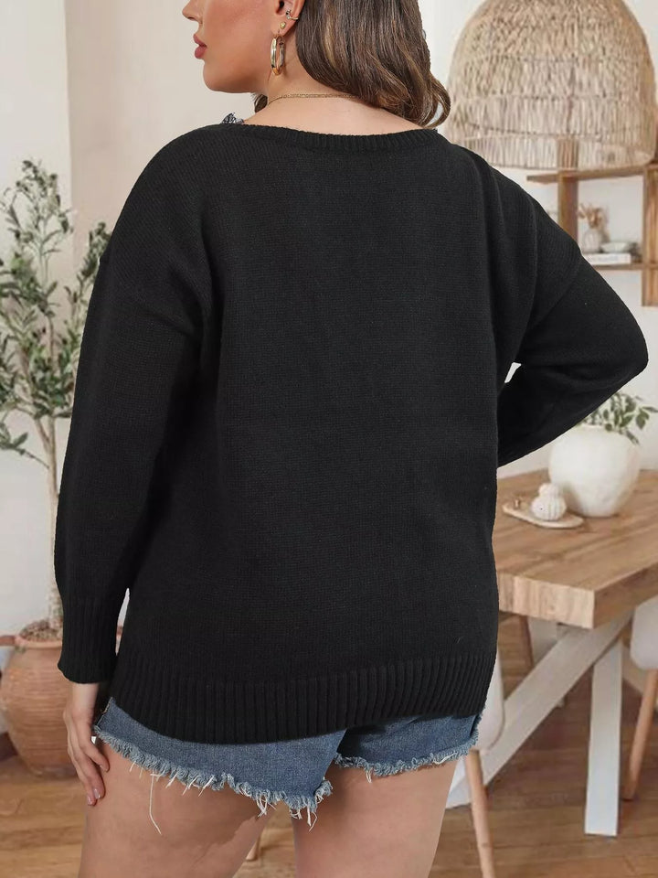 Lace trim V-neck ribbed knit pullover sweater