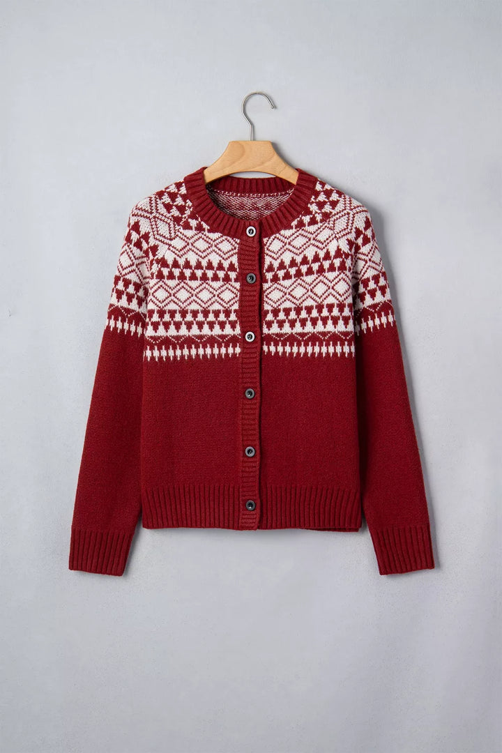 Fair isle geometric knit button-front cardigan