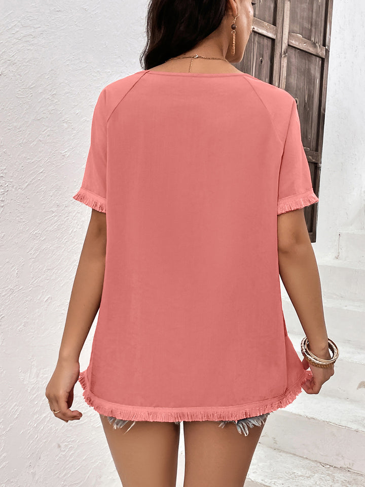 Fringe-trim raglan sleeve round neck tunic top