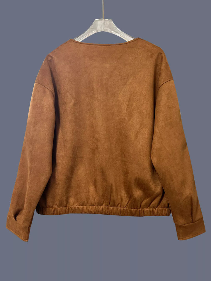 Faux suede zip-up dropped shoulder jacket