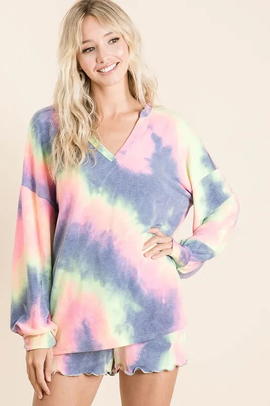Tie-dye French terry V-neck top with balloon sleeves