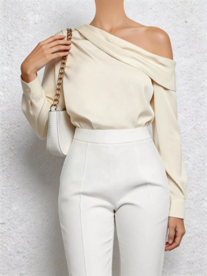 Draped one-shoulder long sleeve satin-finish blouse