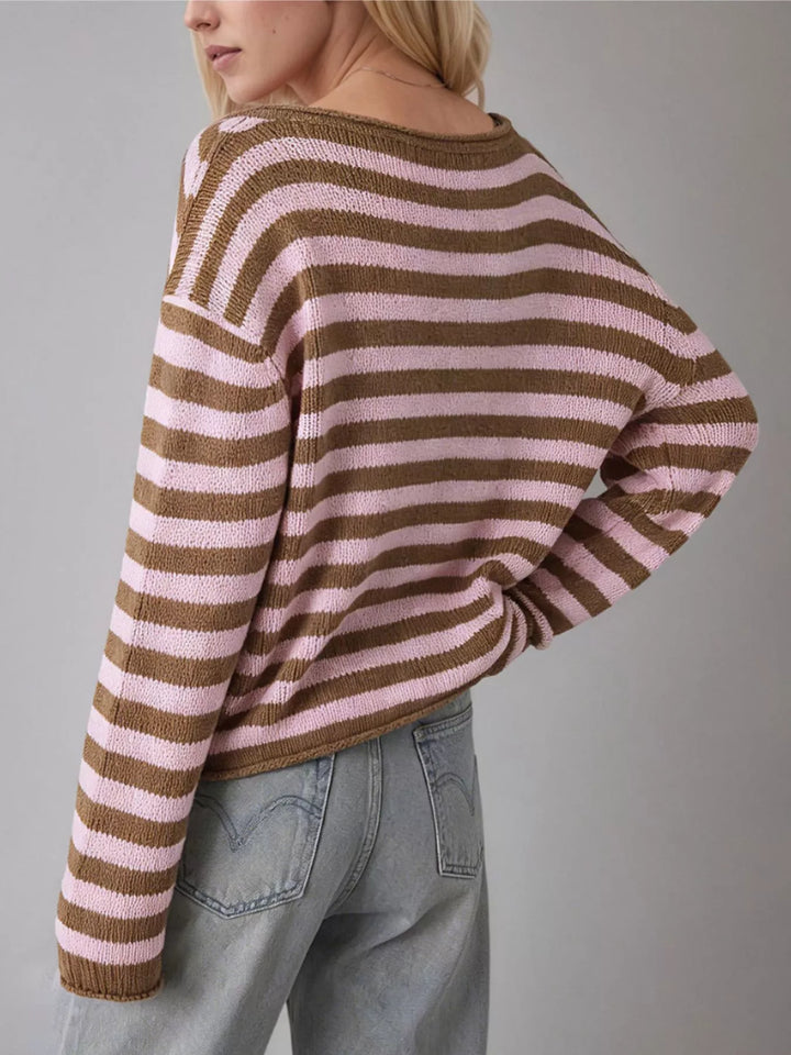 Striped oversized boat neck sweater with drop shoulders