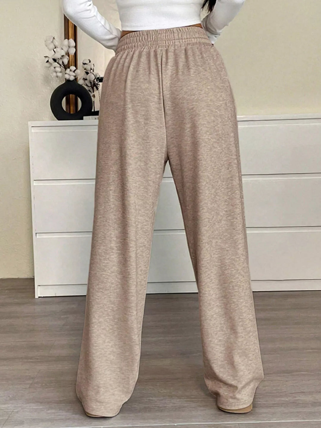 Drawstring high-waist wide-leg cotton pants