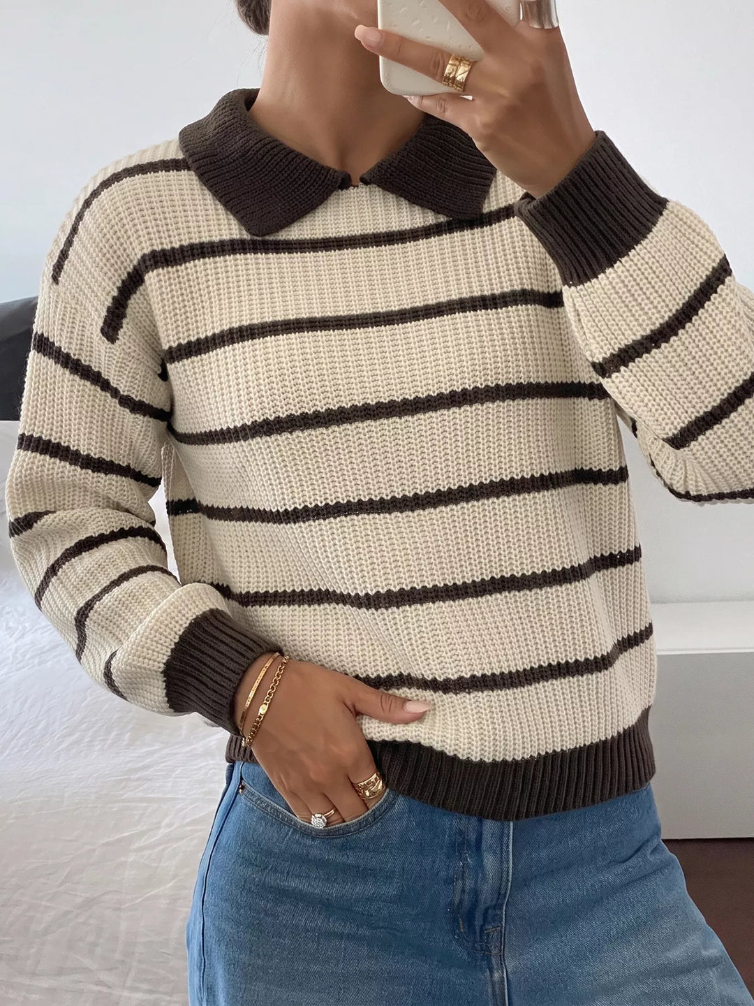 Striped waffle knit polo sweater with contrast collar