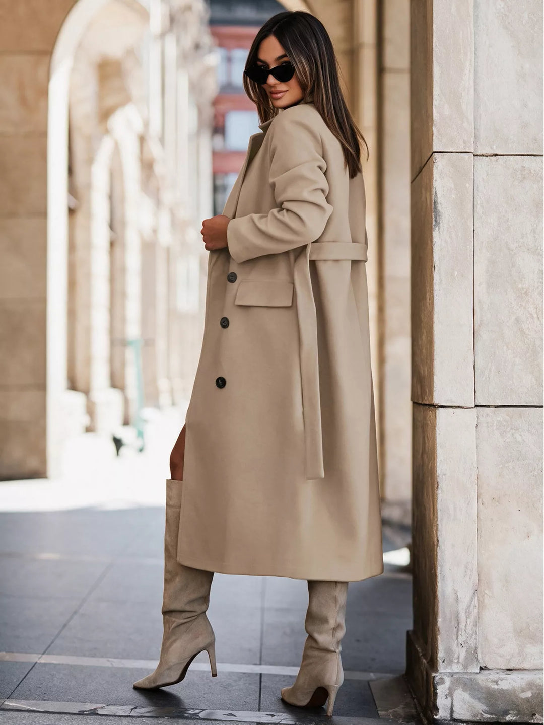 Double-breasted longline coat with notch lapel and tie belt