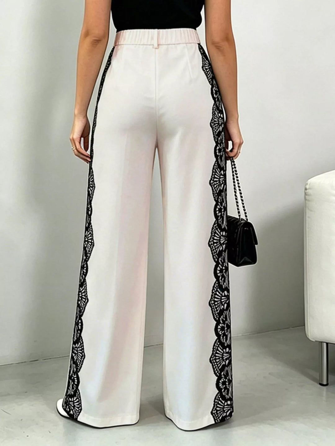 High-rise wide leg pants with floral lace side trim