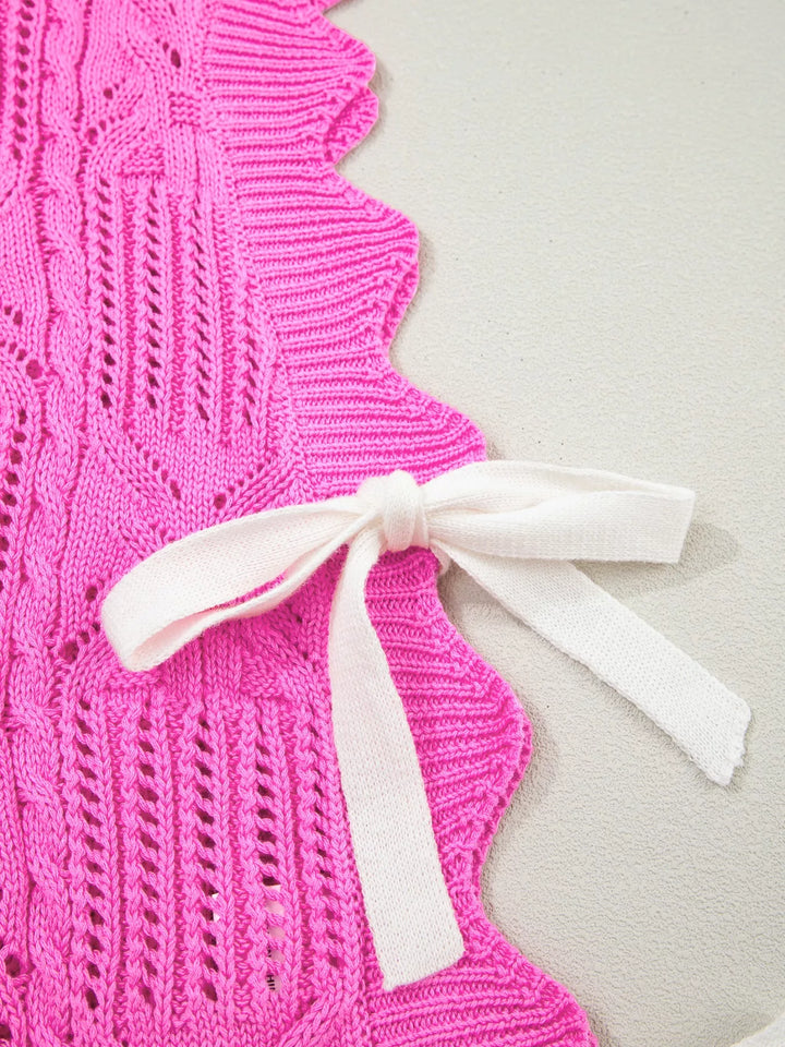 Openwork cable knit crop top with side ties and ruffle sleeves