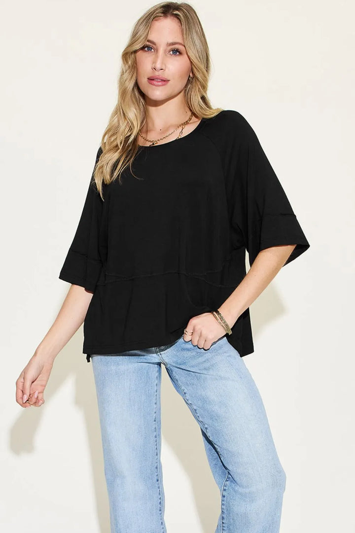 Black Exposed seam round neck relaxed bamboo tee