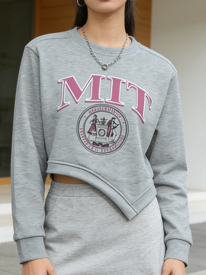 Light Gray Collegiate graphic cropped sweatshirt with asymmetrical hem