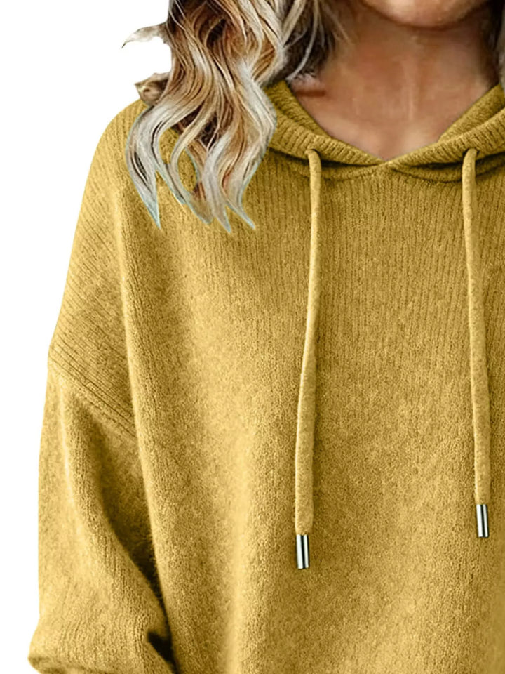 Drawstring hooded knit pullover sweater with ribbed cuffs
