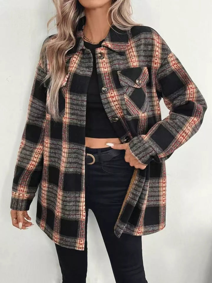Plaid button-up shacket with flap chest pockets