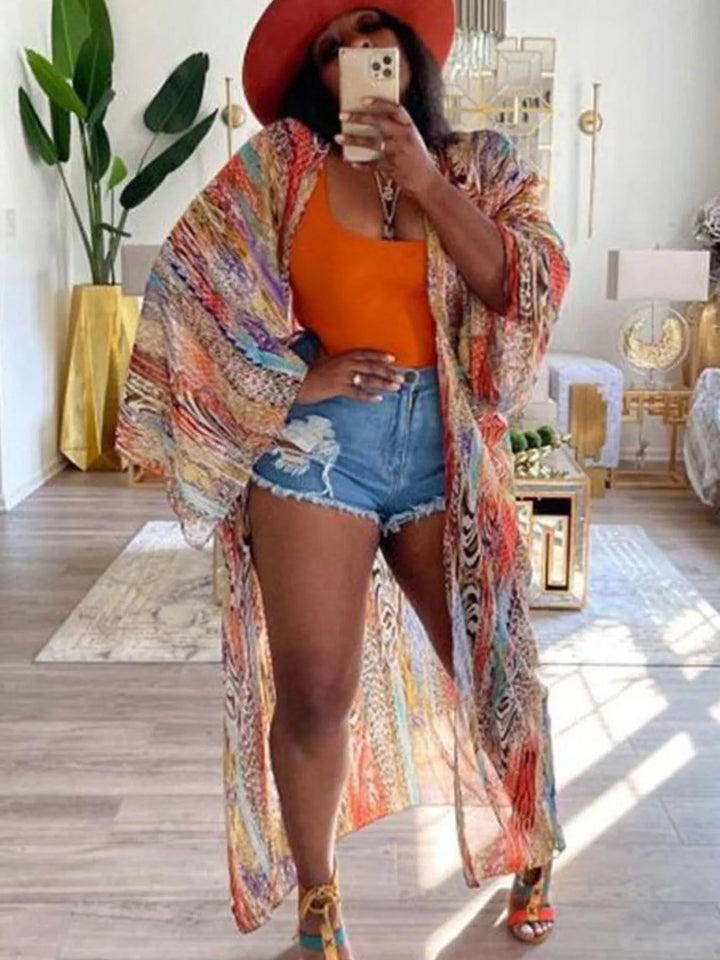 Orange Boho print open-front maxi kimono cardigan
