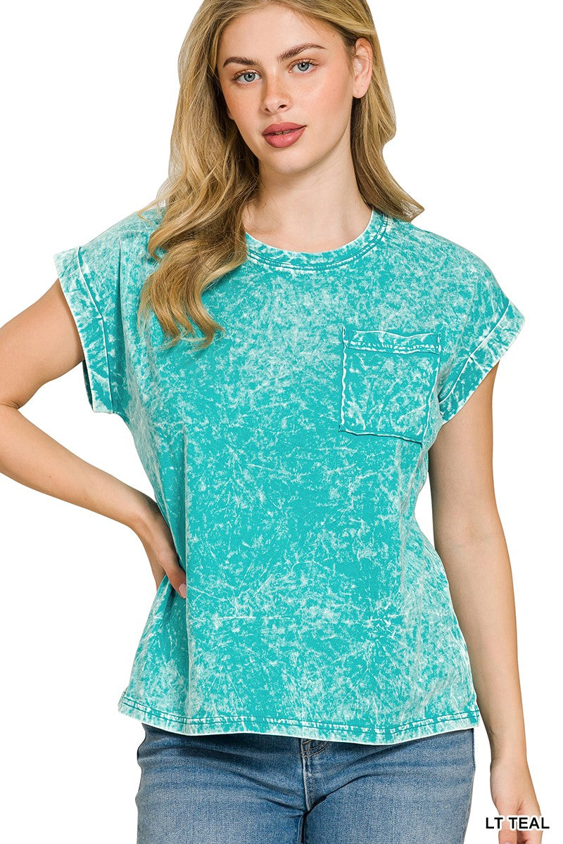 LT TEAL Crinkle wash pocket tee with folded short sleeves