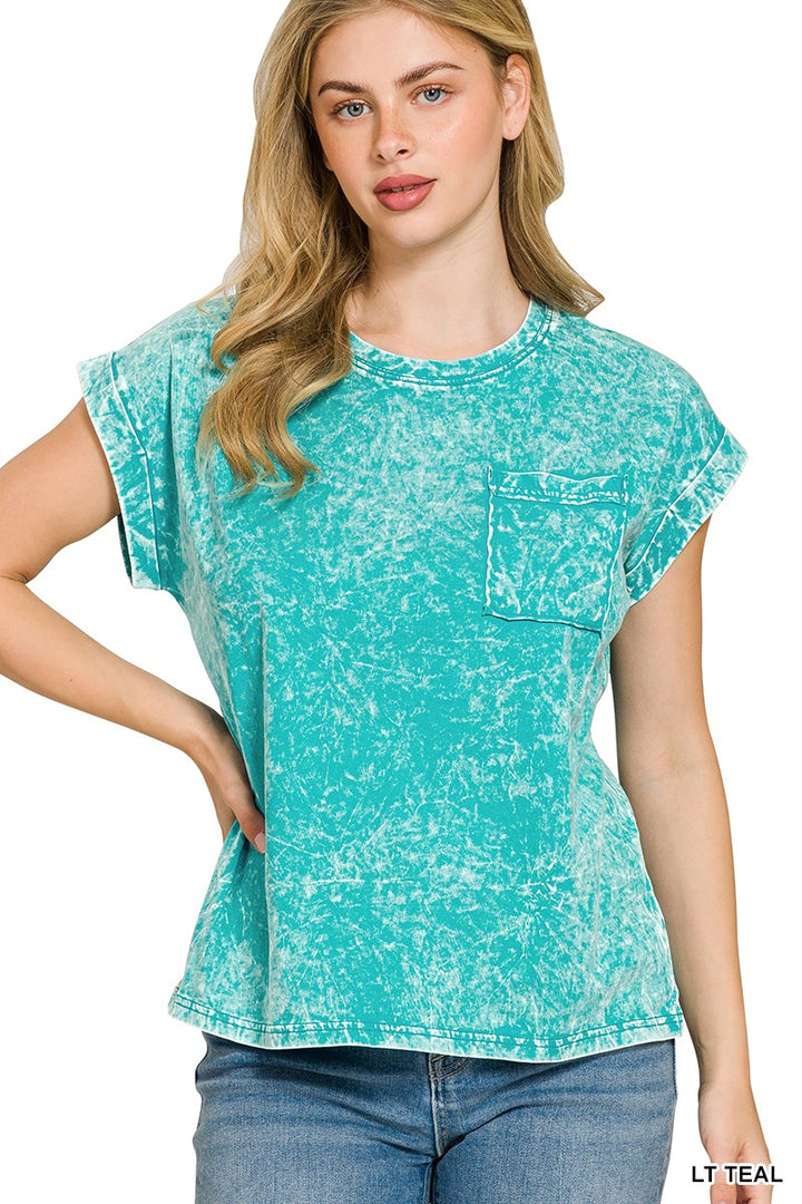 LT TEAL Crinkle wash pocket tee with folded short sleeves