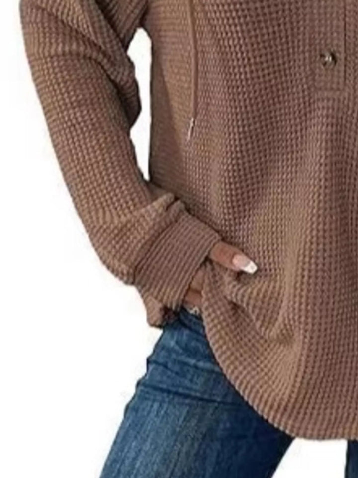 Button-detail waffle knit hoodie with drawstring hood