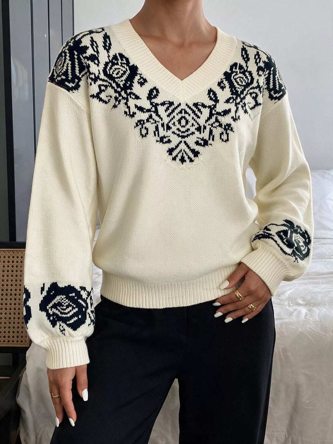 Floral jacquard V-neck dropped shoulder sweater