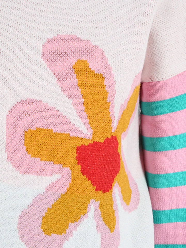 Mod floral crew neck sweater with striped sleeves