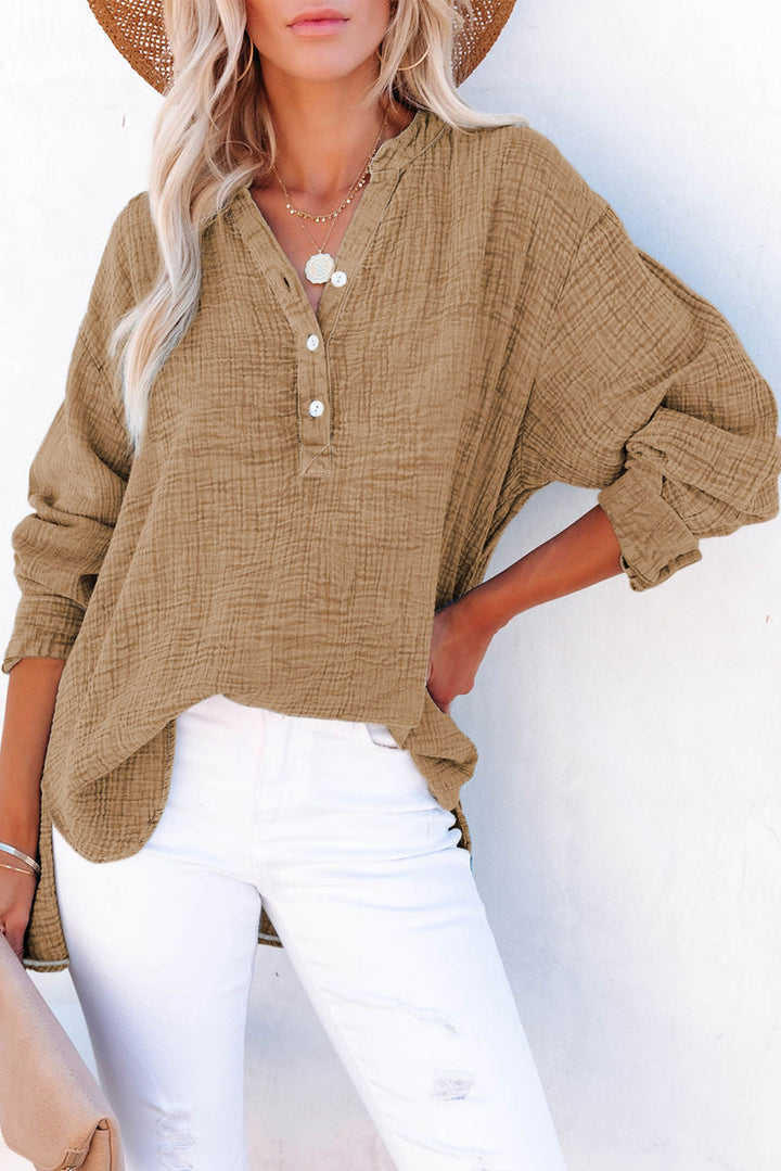 Khaki Textured cotton blouse with half-button placket and long sleeves