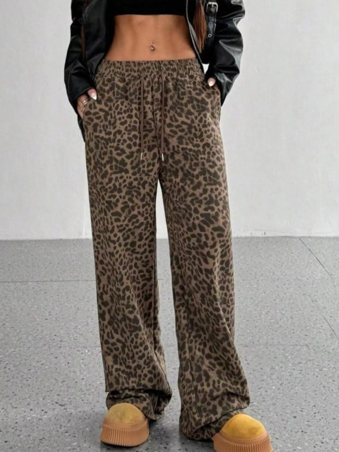 Leopard print wide-leg pants with drawstring waist