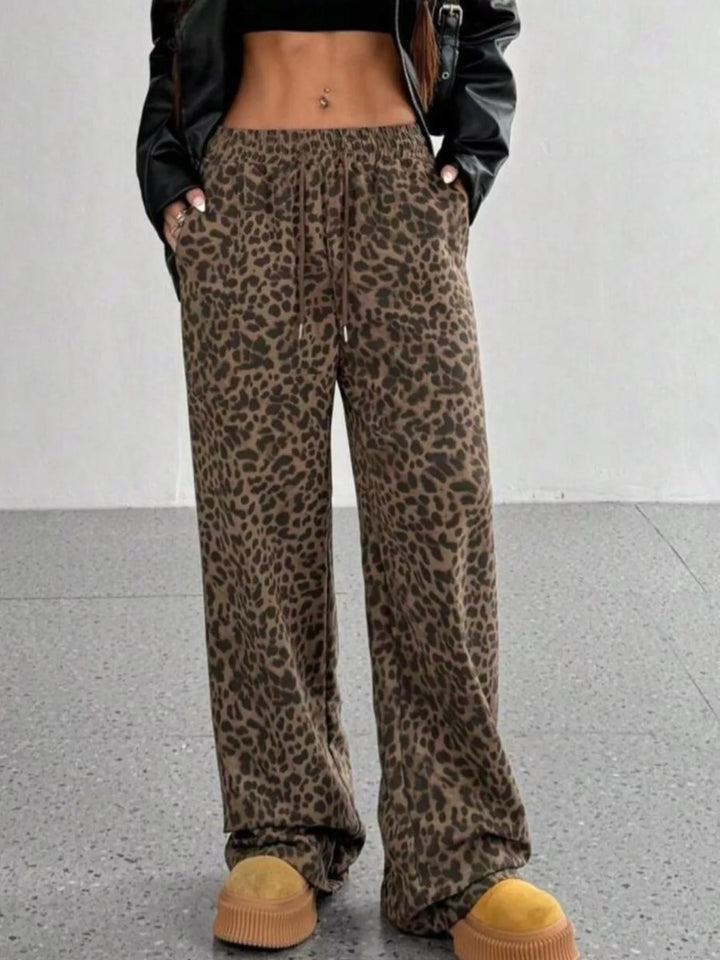 Leopard print wide-leg pants with drawstring waist