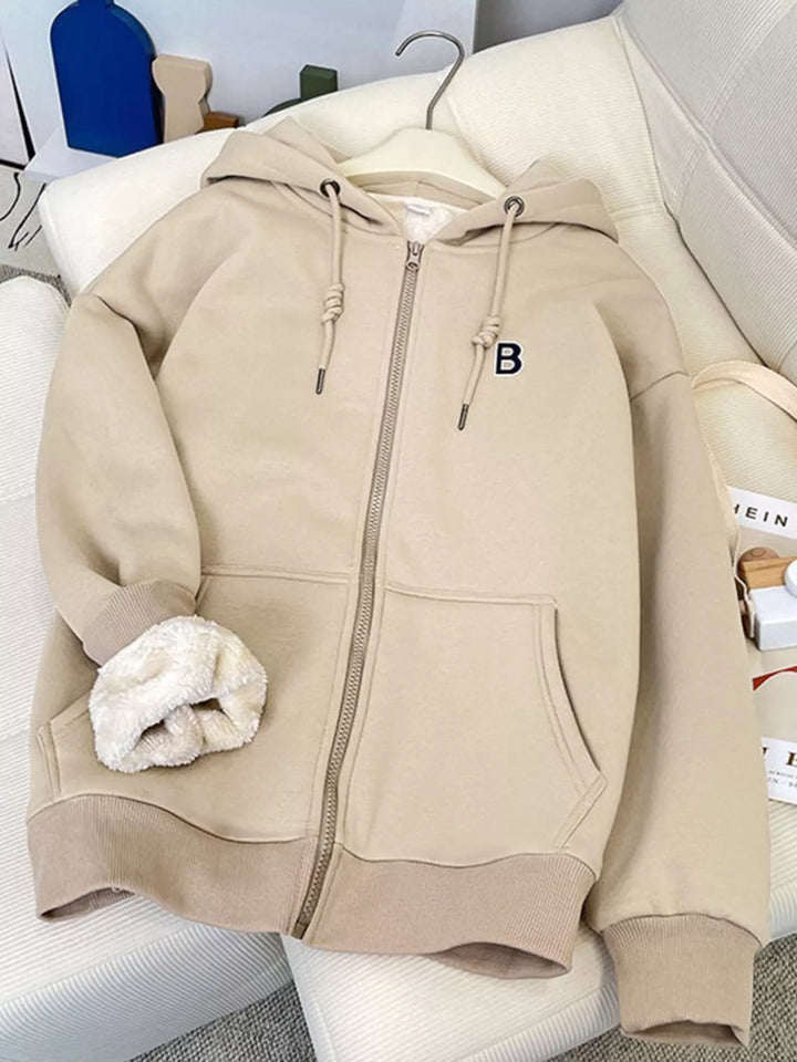 Apricot Fleece-lined zip-up hoodie with drawstring hood