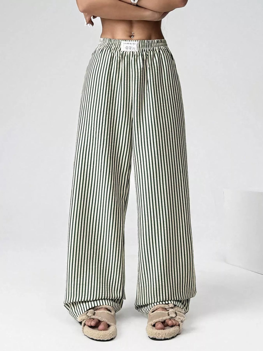 Striped high-waist wide-leg pants with drawstring