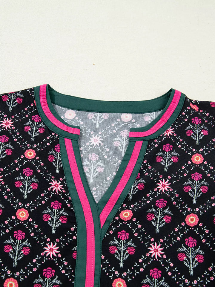 Vintage floral contrast V-neck blouse with bracelet sleeves