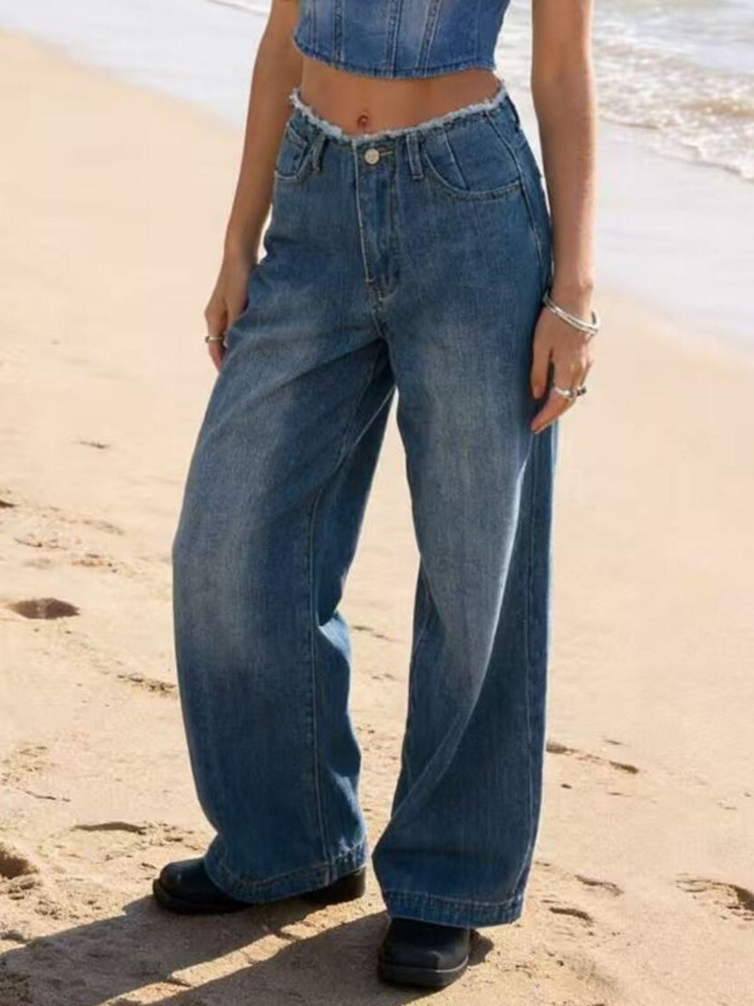 Blue Frayed waistband high-rise wide-leg jeans