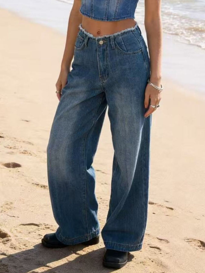 Blue Frayed waistband high-rise wide-leg jeans