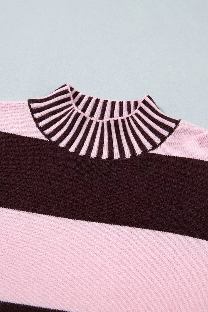 Wide stripe mock neck drop shoulder relaxed sweater