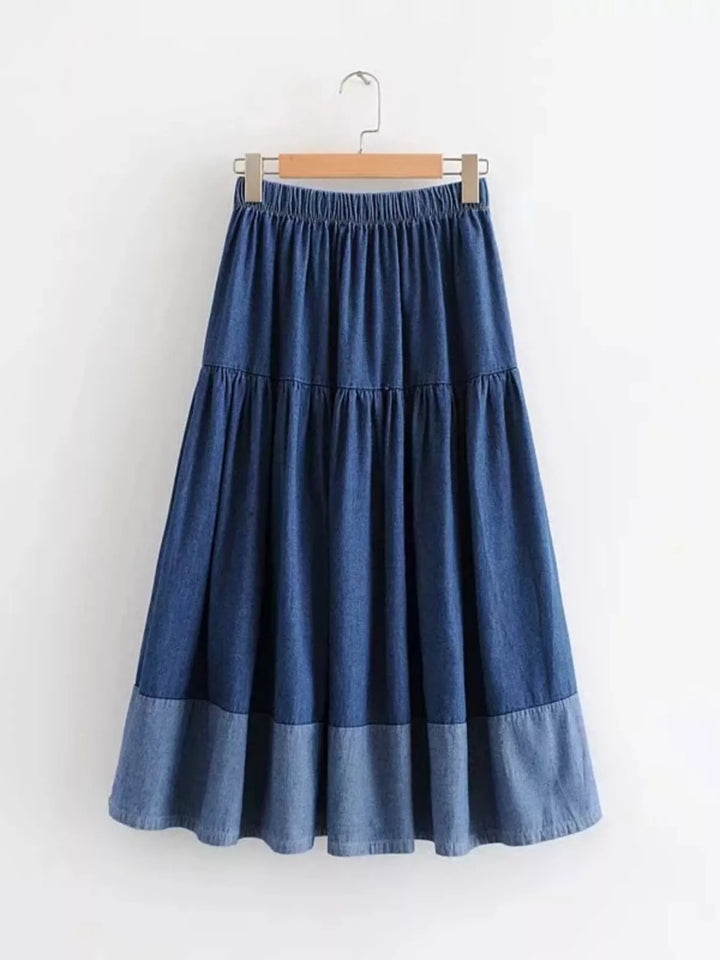 Dark Tiered chambray denim midi skirt with elastic waist