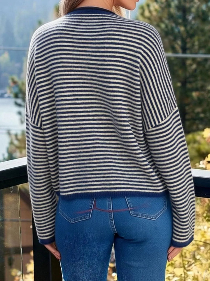 Striped button-front knit cardigan with drop shoulders