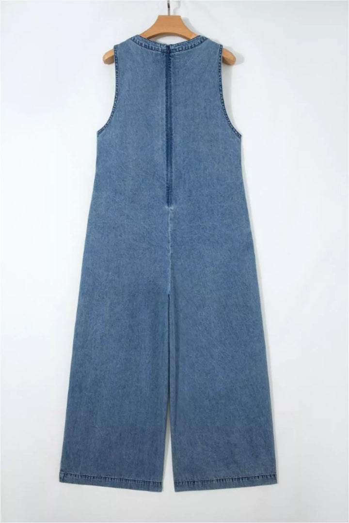 Acid wash pintuck tie V-neck wide-leg denim jumpsuit