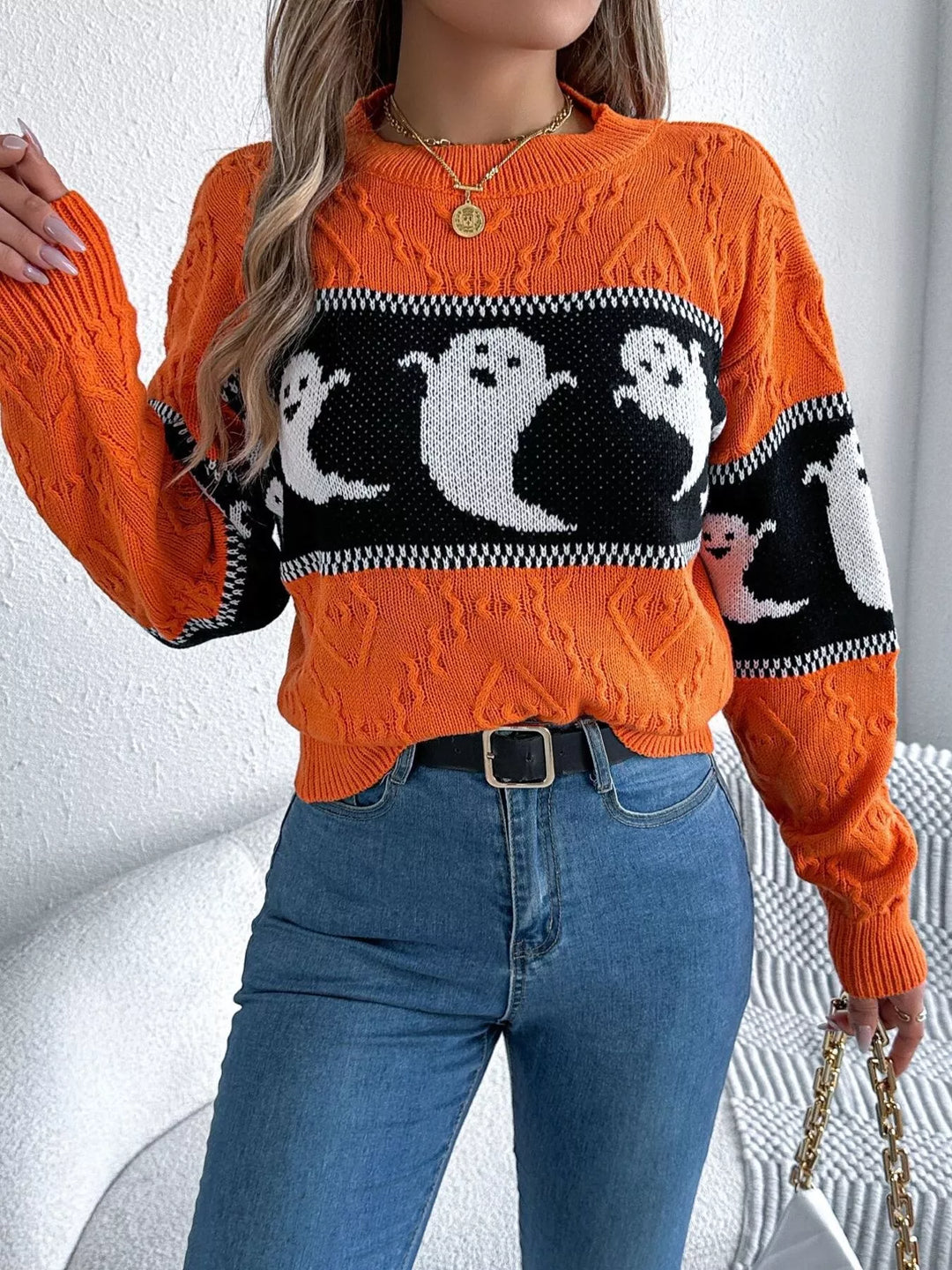 Ghost jacquard cable-knit crew neck sweater