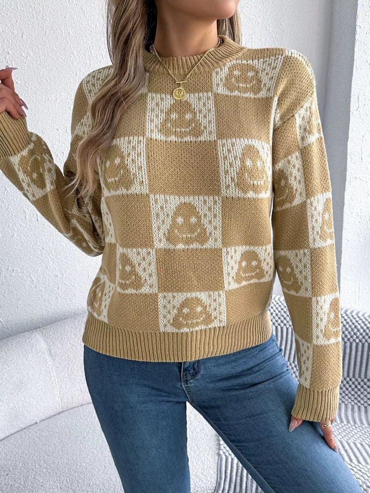 Checkered ghost print crew neck sweater with ribbed cuffs