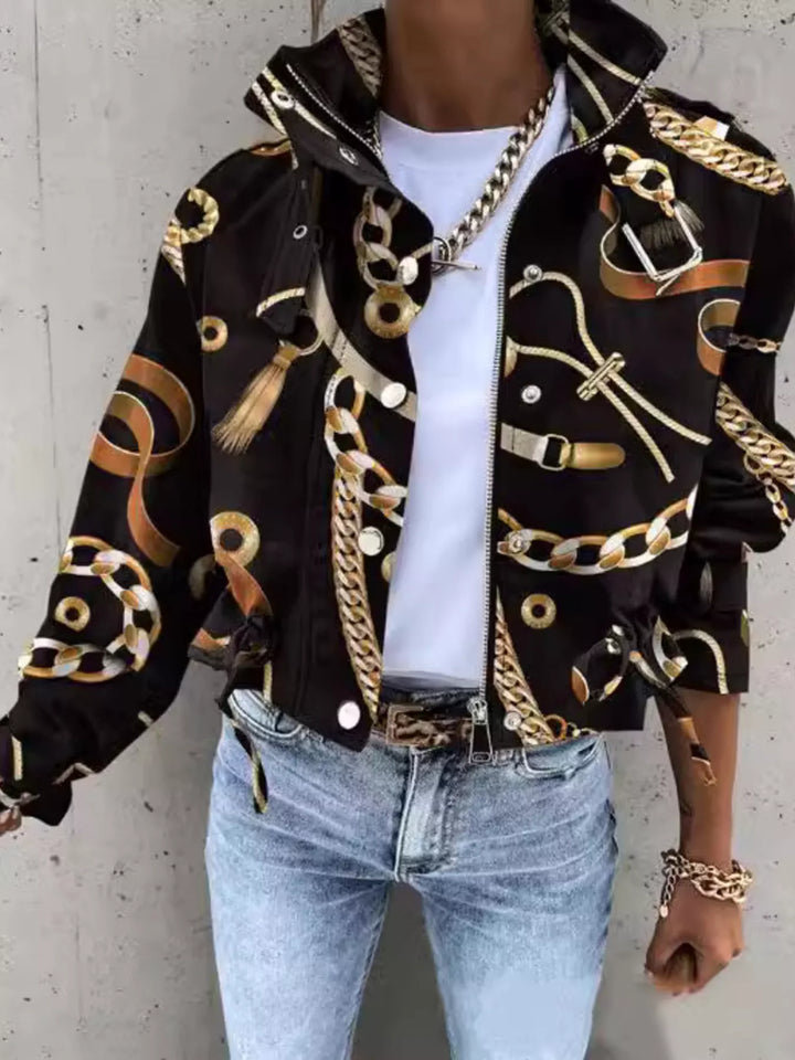 Gold Abstract print cropped utility jacket with drawstring hem