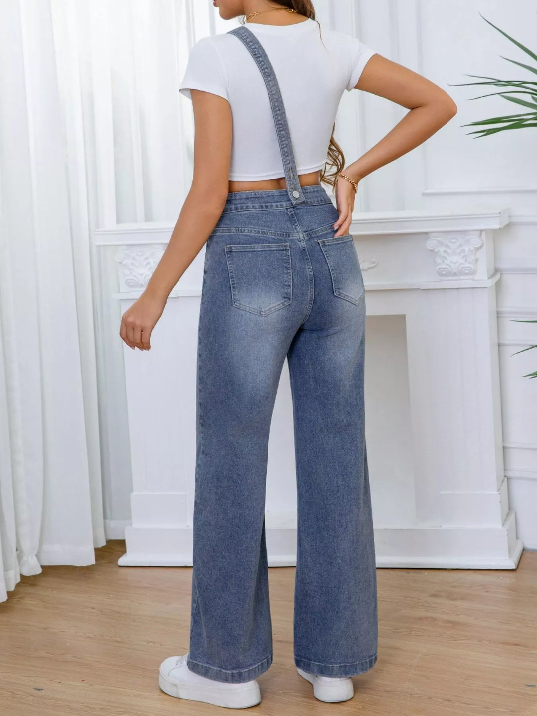 Adjustable single-strap washed wide-leg denim overalls