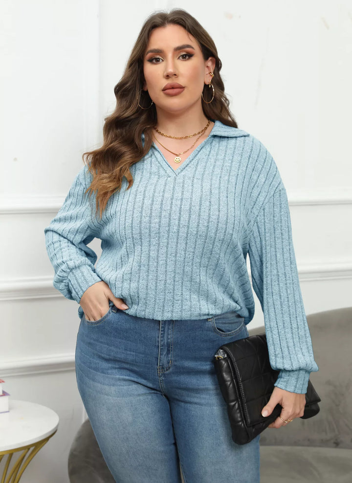 Plus size ribbed knit polo collar long-sleeve top